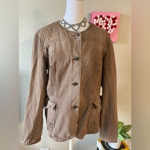Jeanology Women’s Brown Jean Jacket With Side Pockets. Vintage Wash -Sz 16
